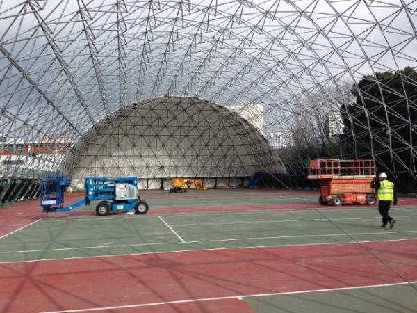 tennis court cover installation clear sky